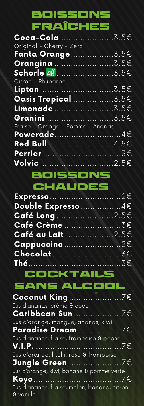 Menu board listing beverages, including fresh and hot drinks and non-alcoholic cocktails.