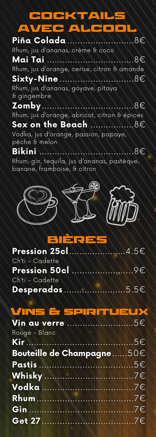 Menu for cocktails, beverages, and drinks. Text is in French.