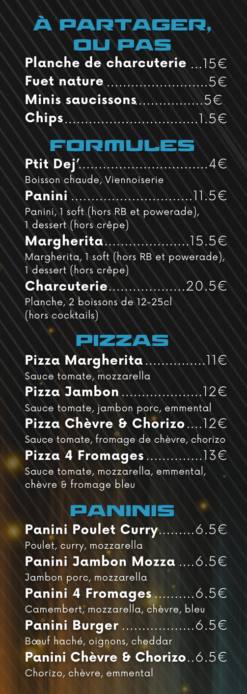 Menu with a list of pizzas, paninis, and appetizers.