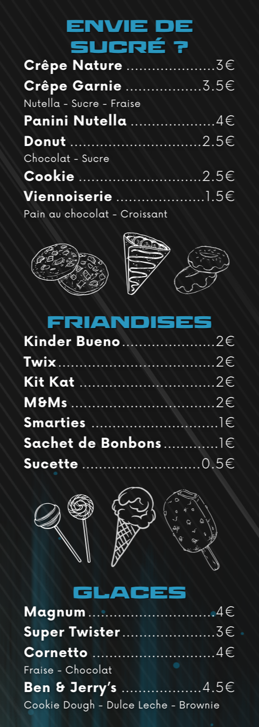 Menu board with desserts including crepes, glaces, and fancies.