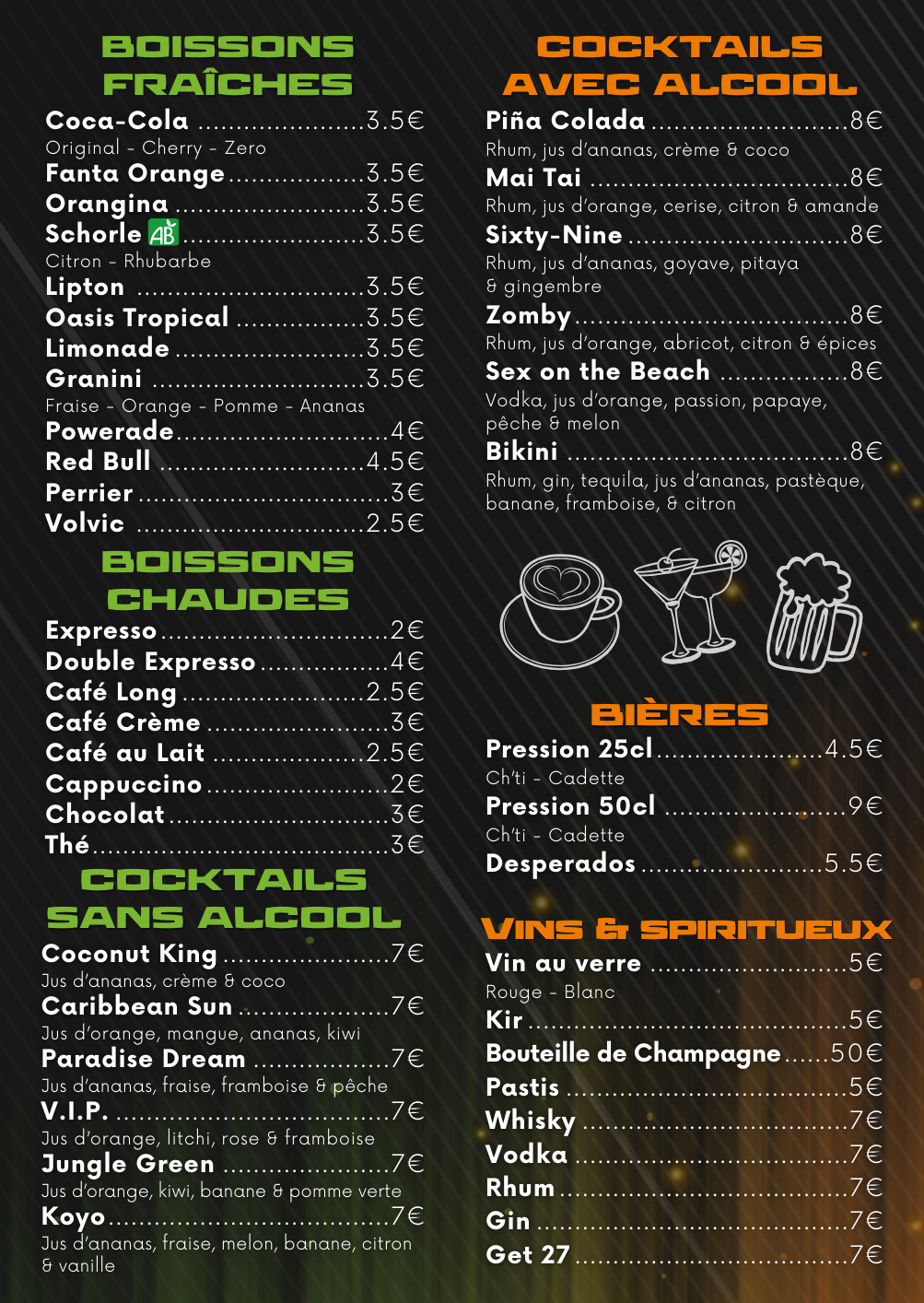 Menu avec options de boissons et de nourriture, divisé en catégories avec les prix indiqués.