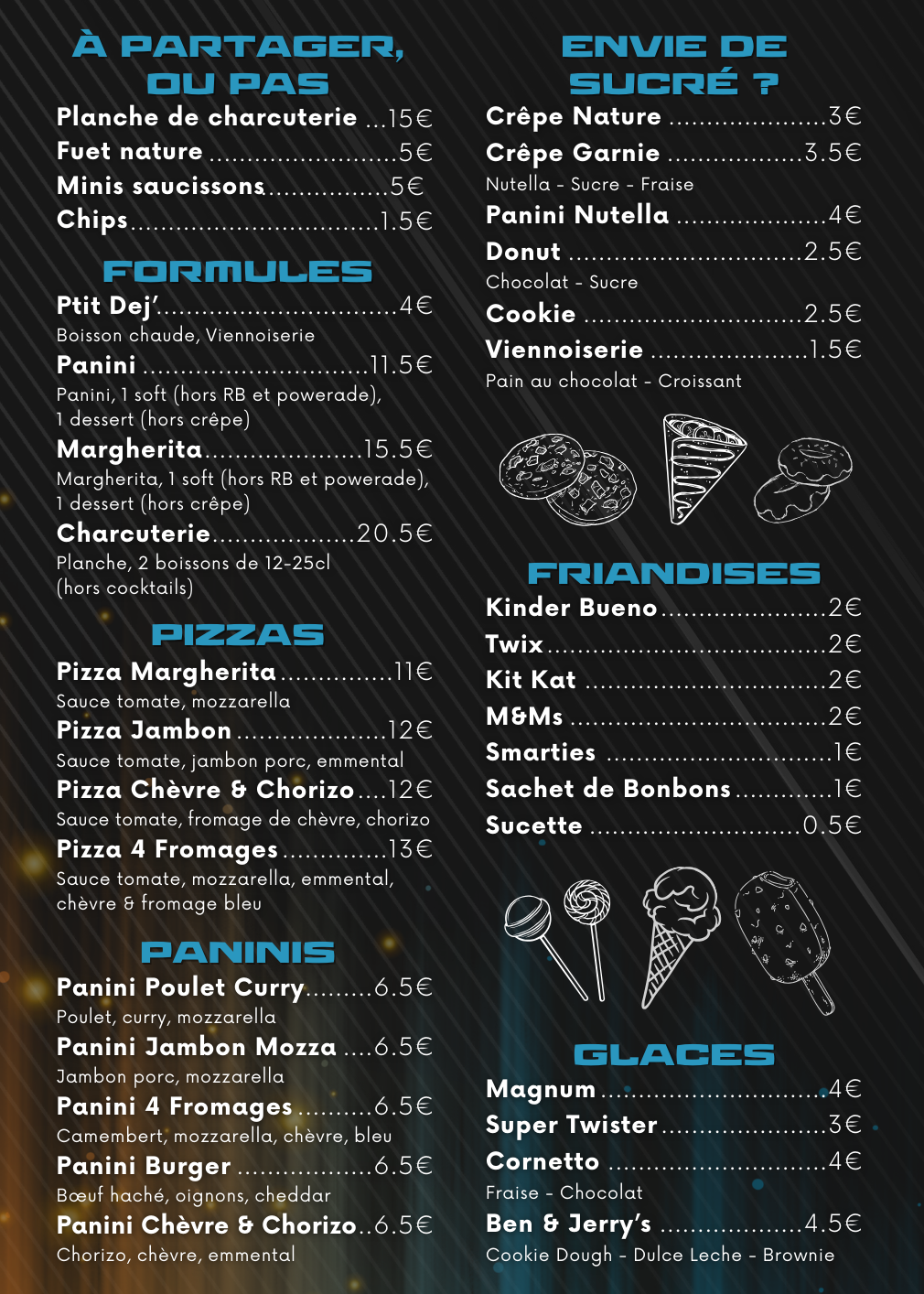 Menu with food items and prices; sections include appetizers, pizzas, paninis, pastries, and ice cream.