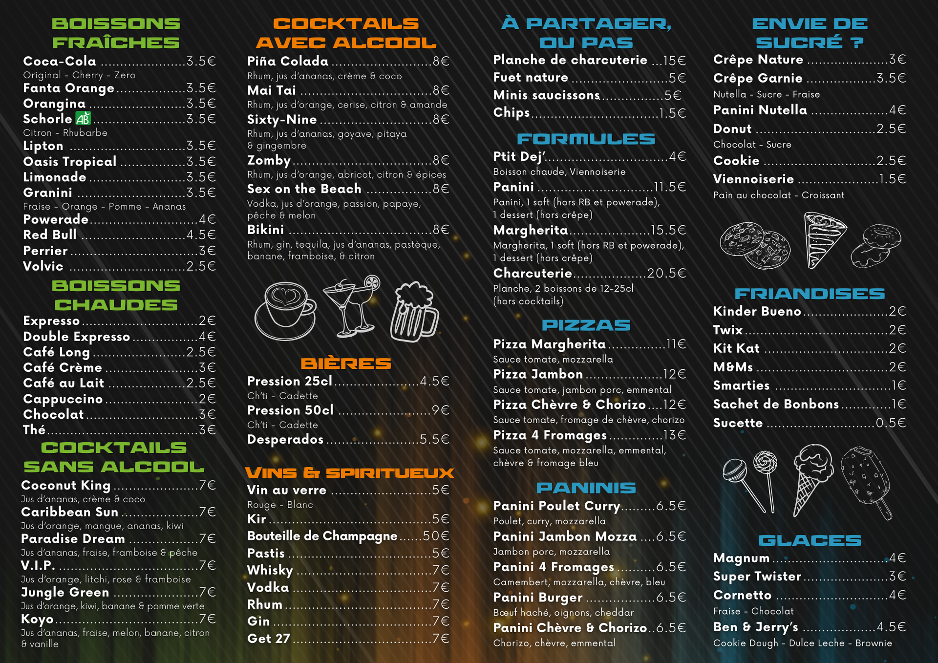 Restaurant menu with drink and food options in French.