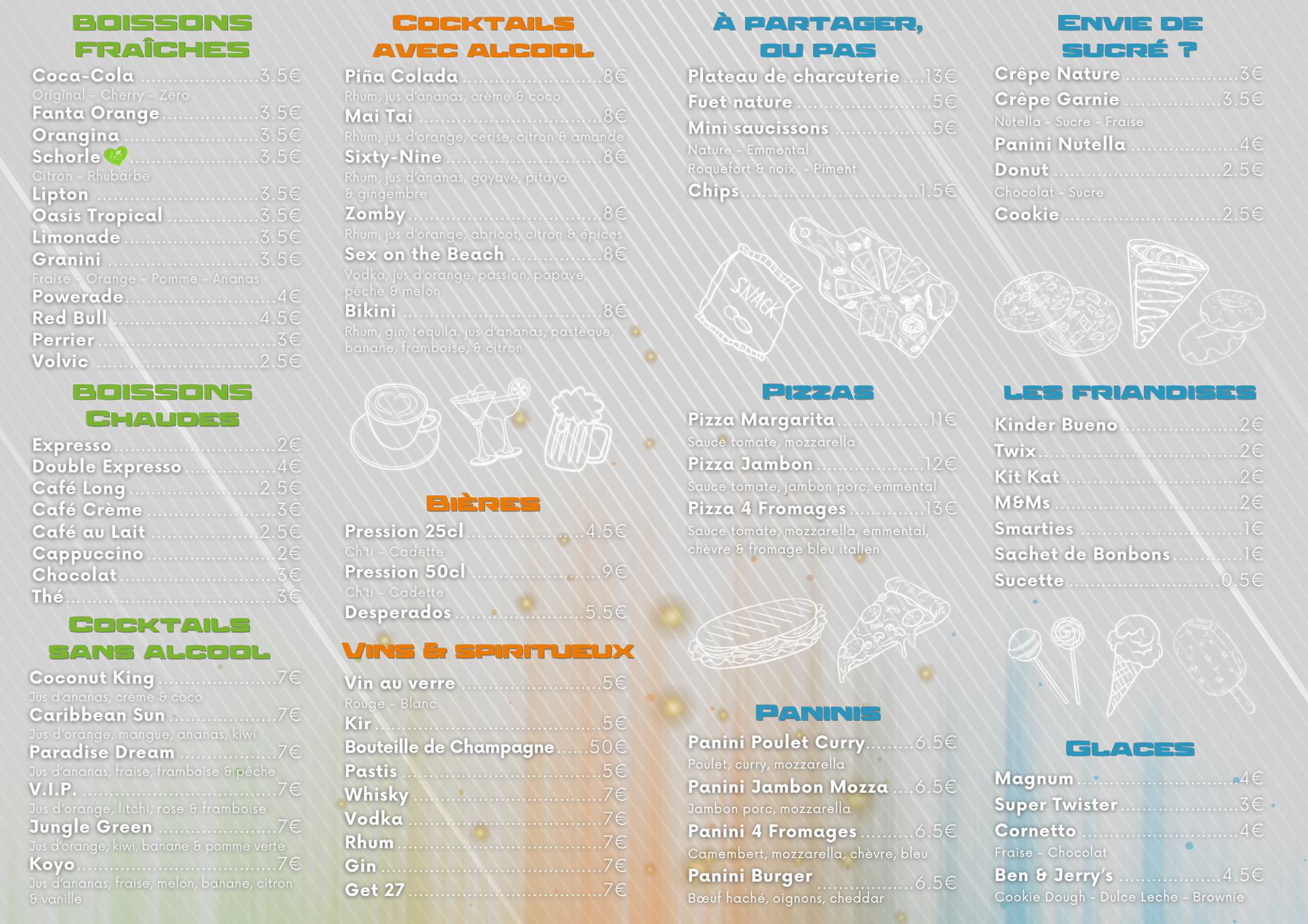 Restaurant menu with drink and food options in French.