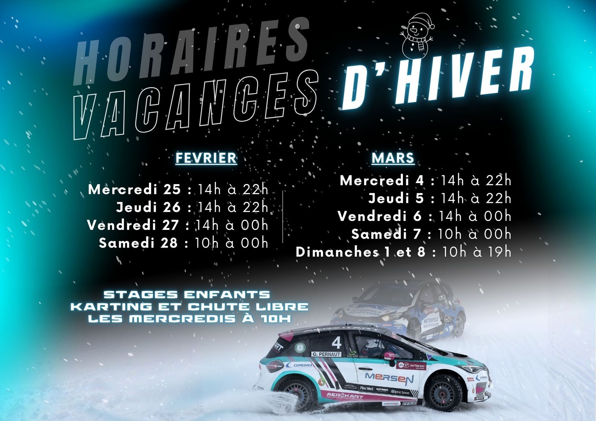 Programme des vacances d'hiver avec karting, chute libre, escape game et salle d'arcade, dates et horaires pour février et mars.
