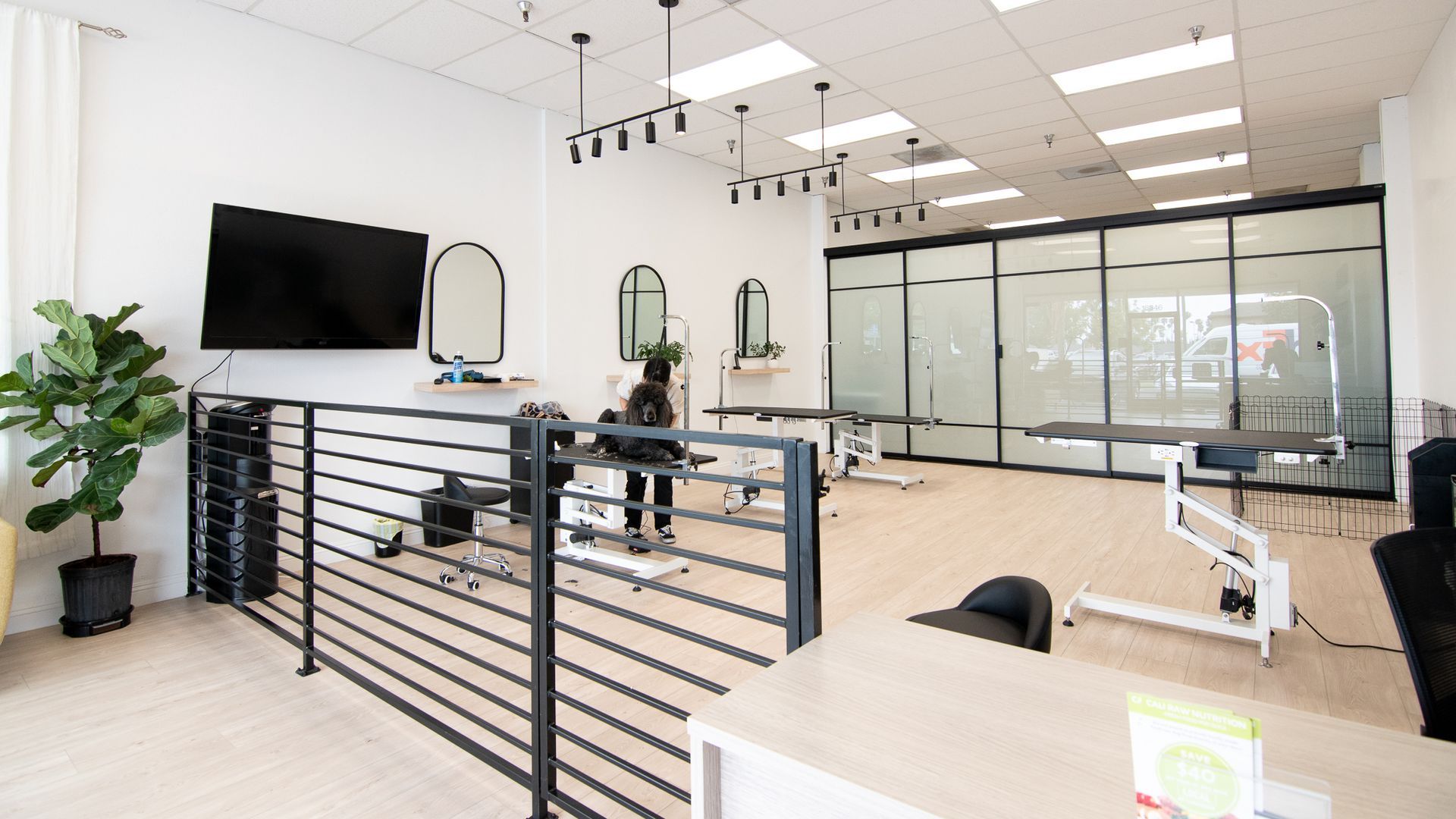 Salon interior with stylists, mirrors, glass walls, and modern decor.