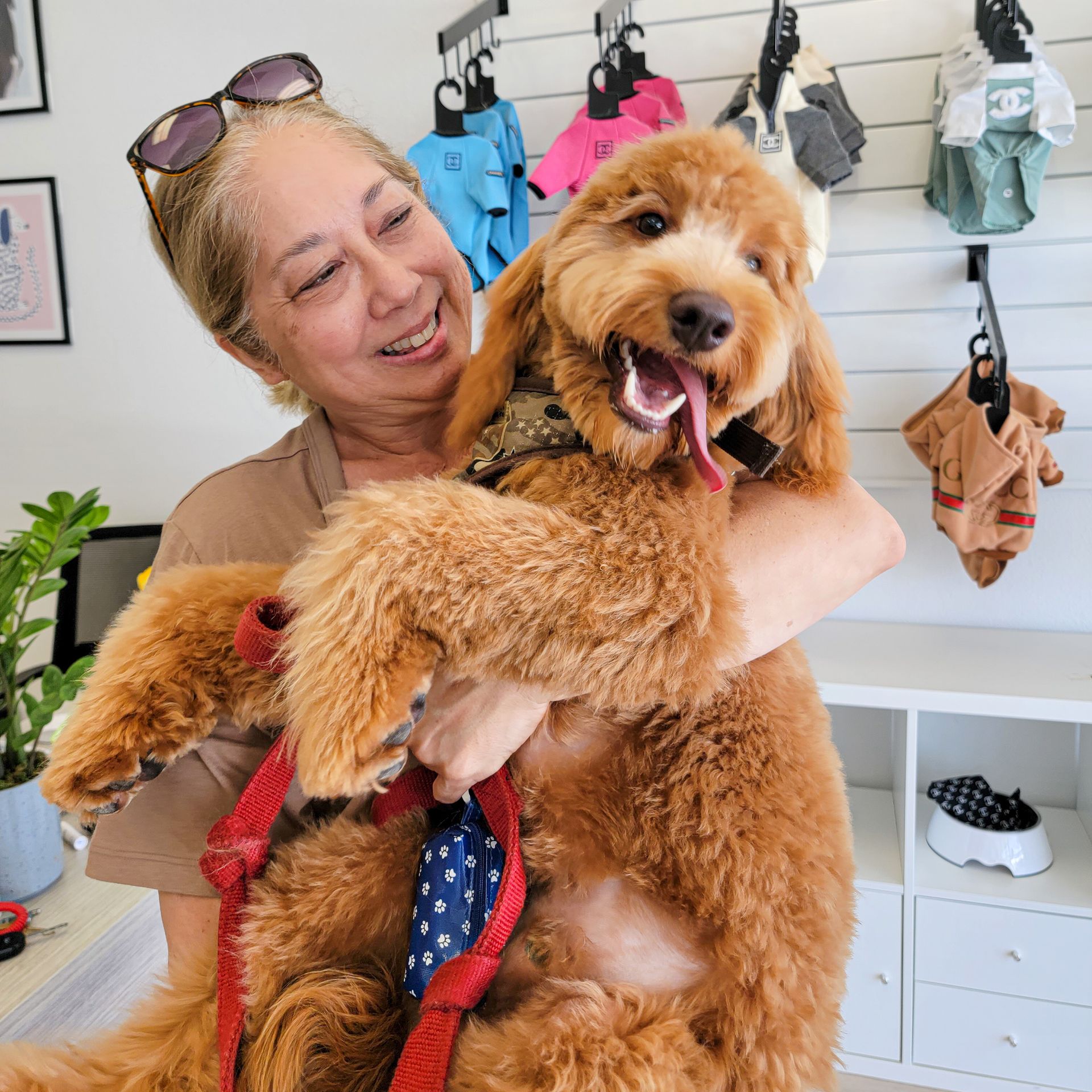 Woman holding a happy, golden-red doodle dog indoors, smiling. Dog has tongue out. Retail setting with clothes on display.