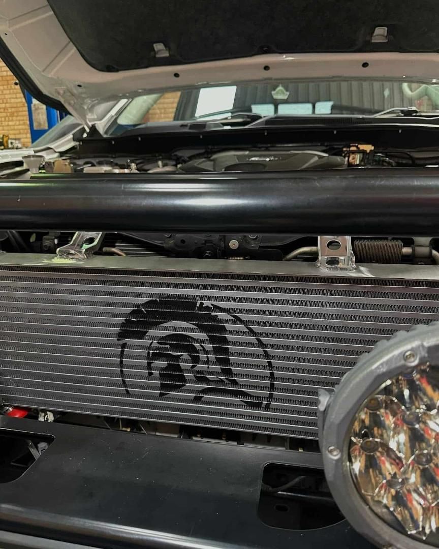 Radiator grill of a vehicle with a black logo and a mounted light. — Nationwide Auto Service Centre in West Gosford, NSW