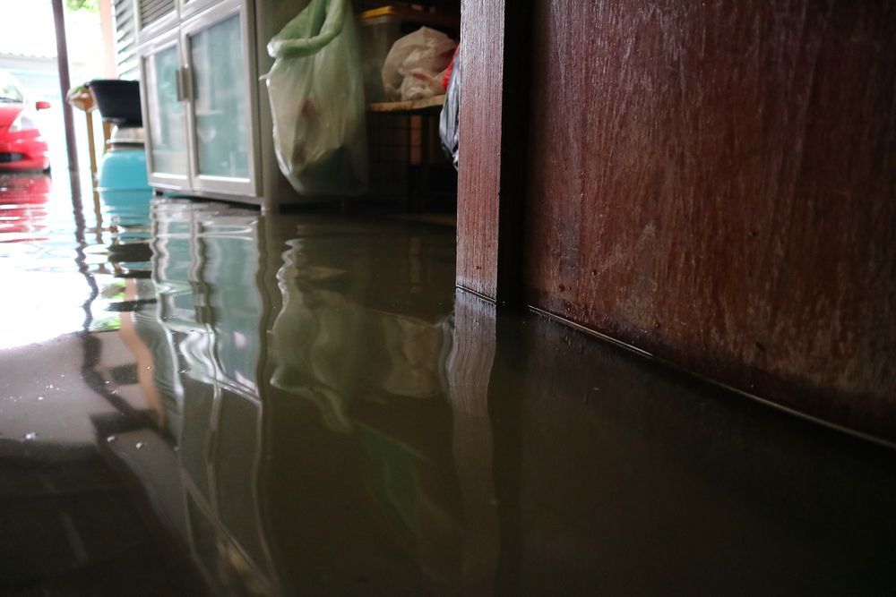 A flooded room with a lot of water coming out of the door.