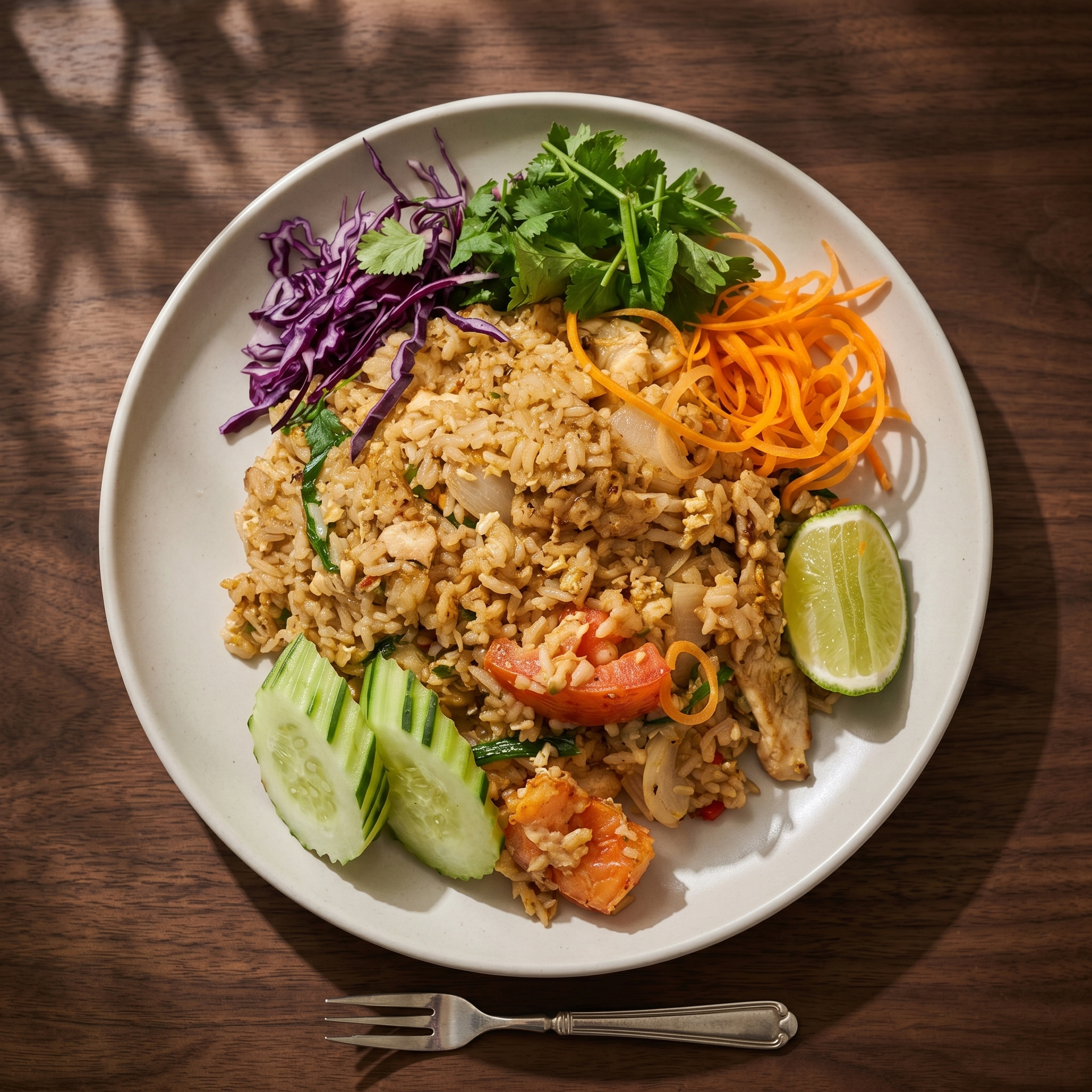 Plate of fried rice with vegetables, lime, cucumber, and herbs on a wooden table