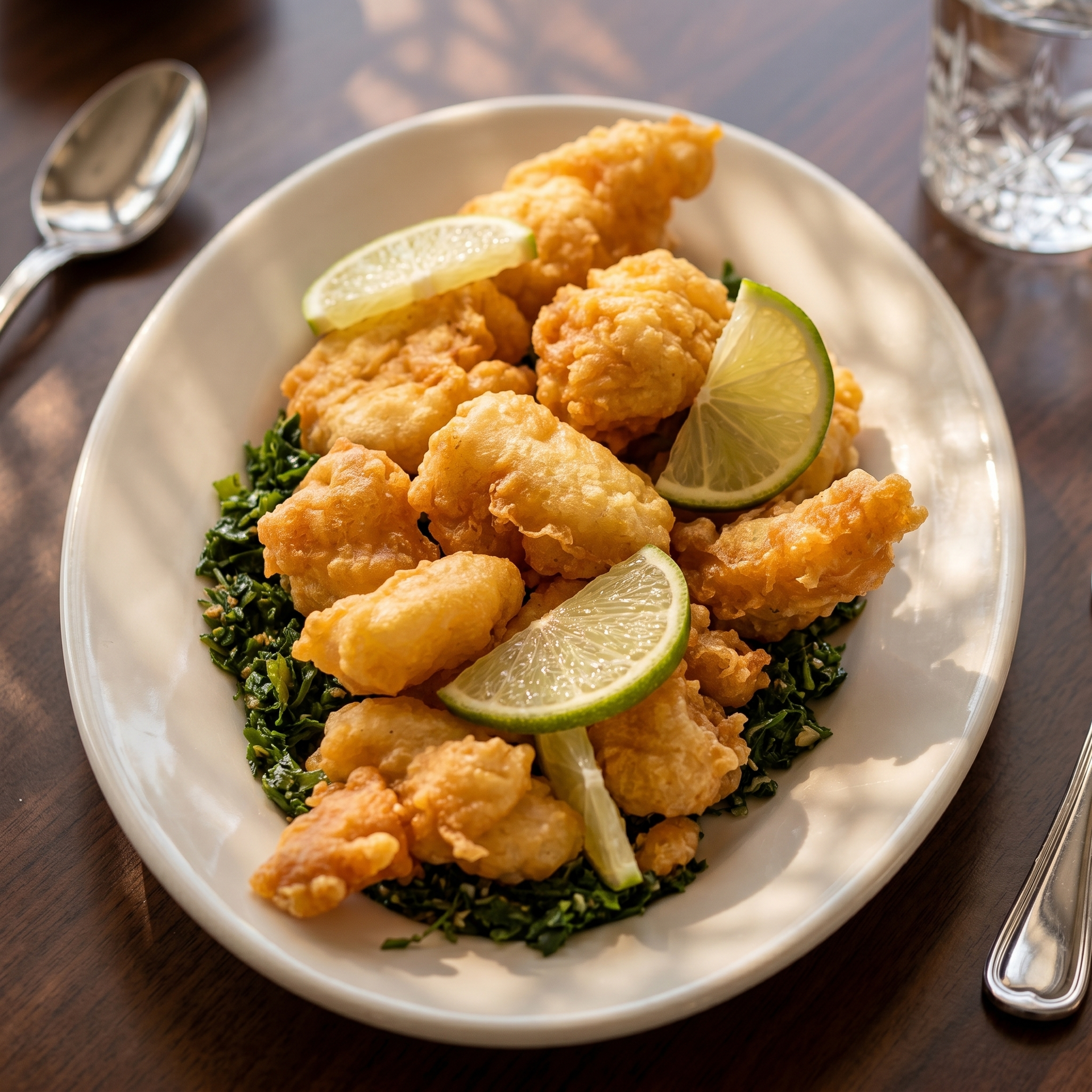 Crispy fried fish on a plate with greens and lime wedges on a dining table
