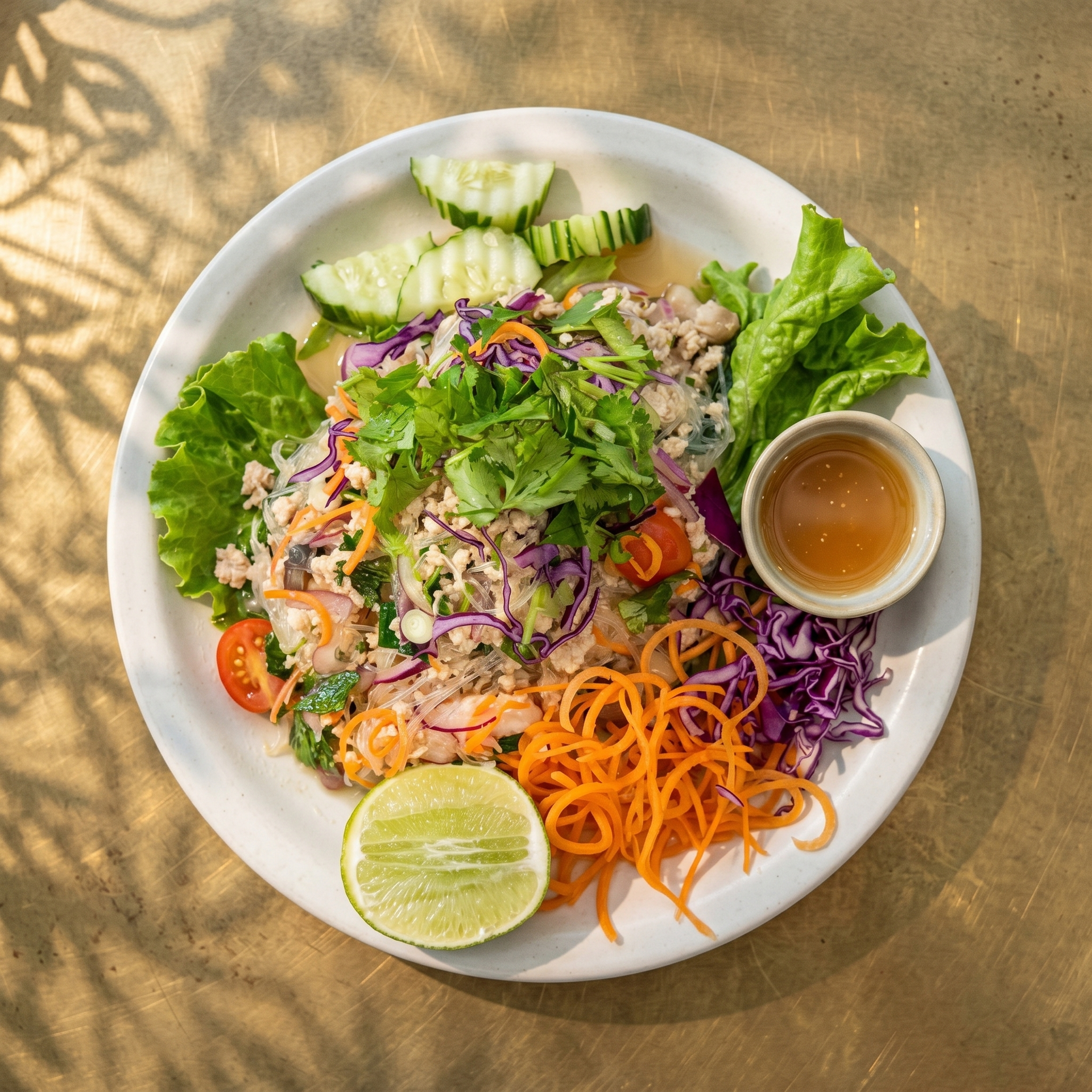 Fresh colorful salad on a white plate with lime, cucumber, carrot, greens, and dipping sauce