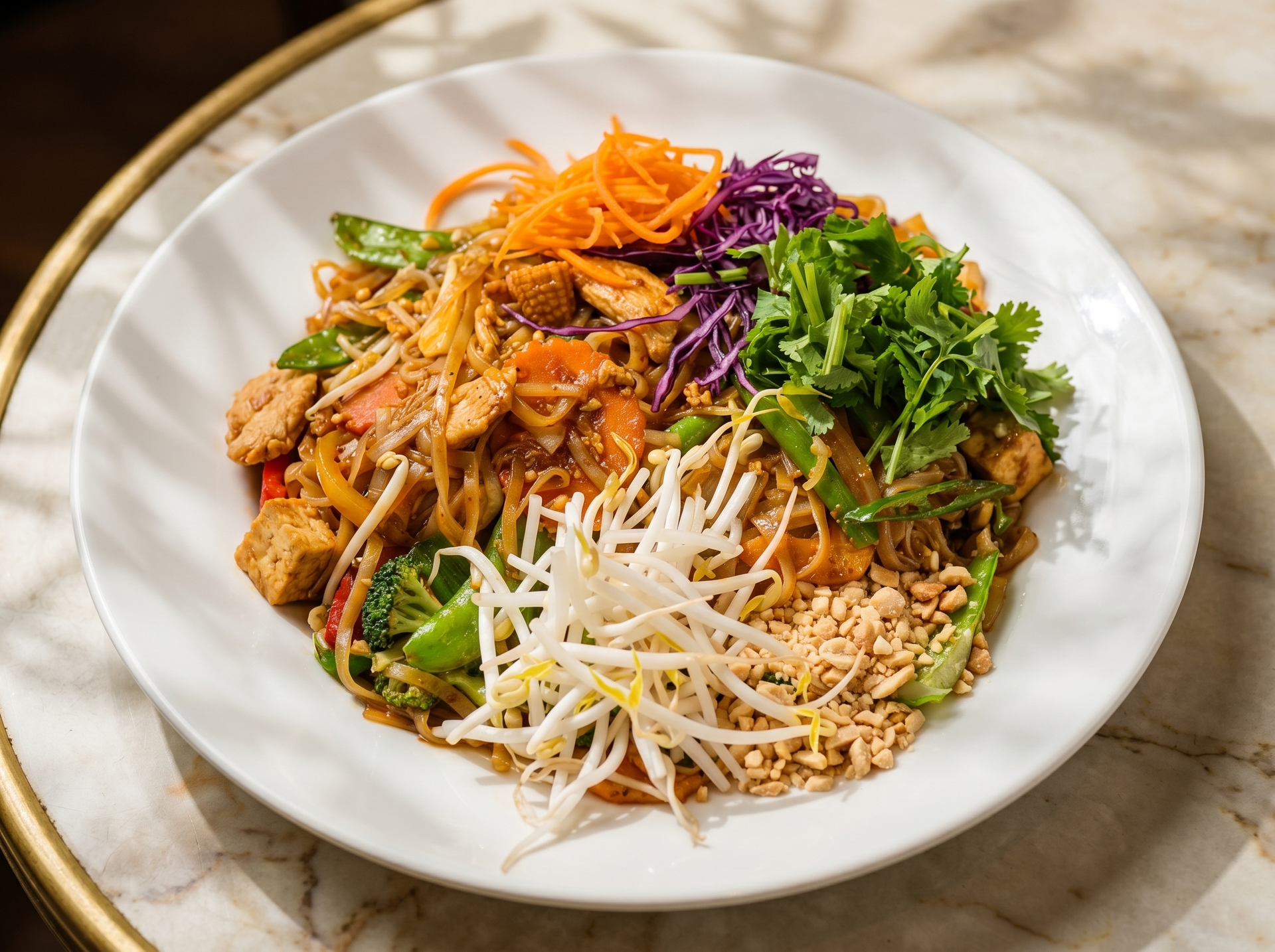 Colorful noodle salad with shredded carrots, purple cabbage, herbs, and bean sprouts on a white plate