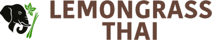 Logo for Lemongrass Thai with a black face silhouette, green leaves, and brown text on white background
