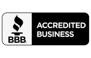 The bbb logo is black and white and says accredited business.