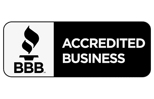 The bbb logo is black and white and says accredited business.