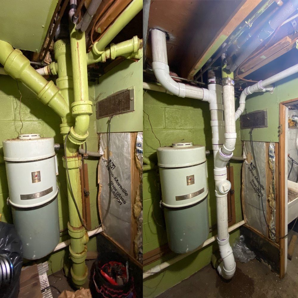 Comparison of central vacuum system piping before and after renovation. Old green pipes replaced with new white ones.
