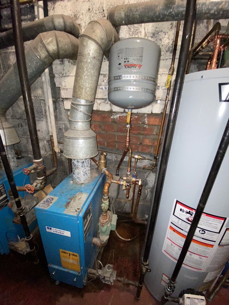 Blue boiler and water heater in a basement with pipes, chimney, and an expansion tank.