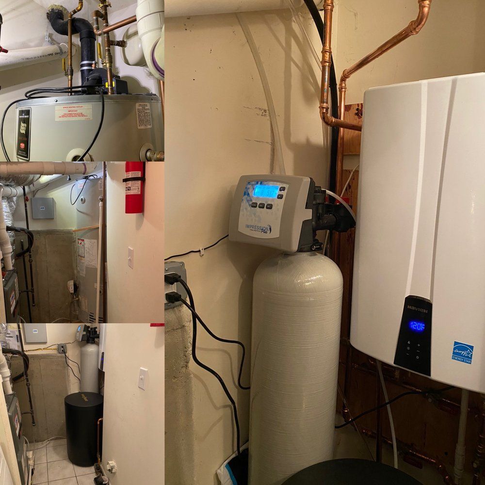 Basement utility room with water heater, tank, and other plumbing and electrical components.