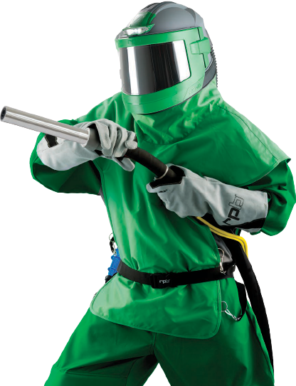 A man in a green suit and helmet is holding a hose