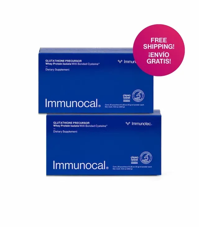 Dos cajas azules de suplementos dietéticos Immunocal, con insignia de 