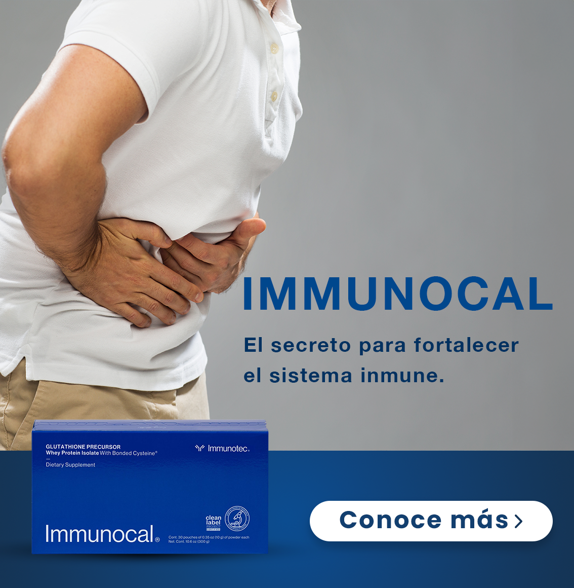Hombre agarrándose el estómago, anuncio de Immunocal para fortalecer el sistema inmunitario.