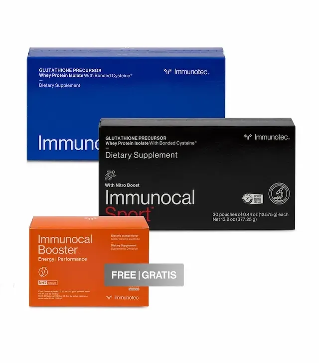 Tres cajas de suplementos Immunotec, azul, negra y naranja, con el nombre de la marca visible.