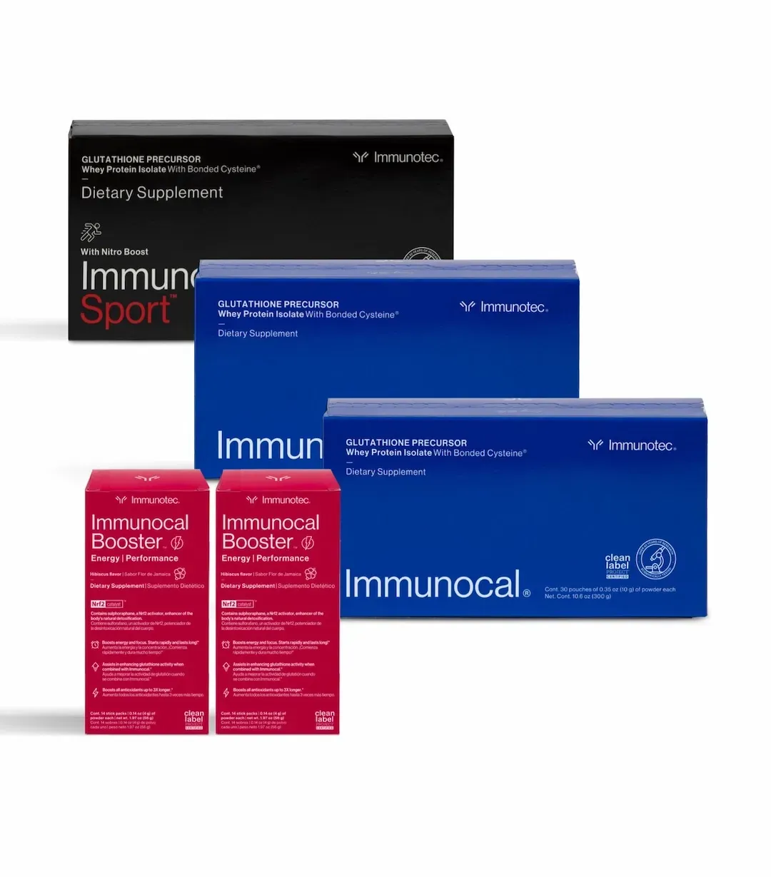 Cajas de suplementos Immunocal en empaque negro, azul y rojo.