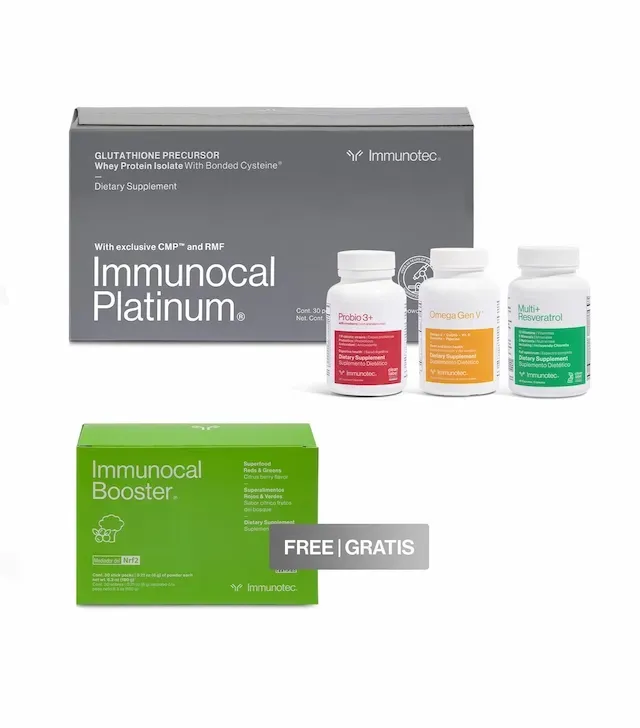 Caja de suplemento dietario Immunocal Platinum y tres frascos de suplemento con una caja de refuerzo gratis.