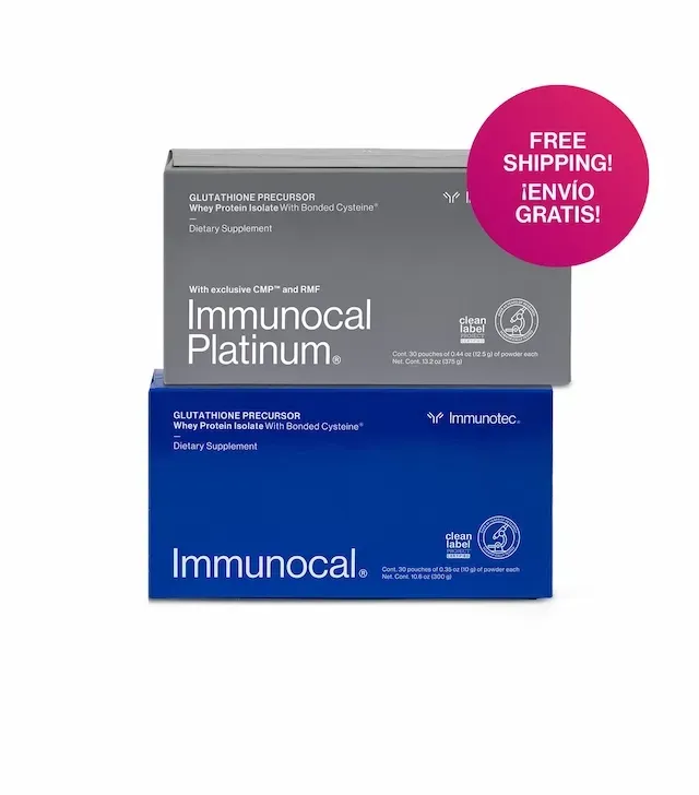 Cajas de Immunocal Platinum y suplementos dietéticos Immunocal. Promoción de envío gratis indicada.