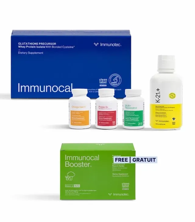 Suplementos Immunotec: caja azul, varias botellas y caja de refuerzo verde.