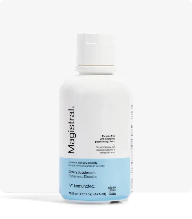 Botella blanca de complemento alimenticio “Magistral” con fondo azul claro.