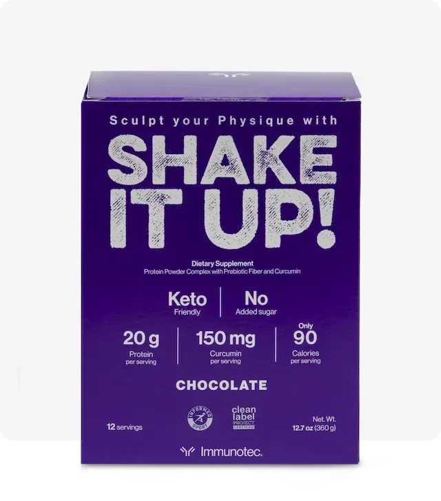 Caja morada de proteína keto en polvo ¡Agítalo!. Contiene sabor a chocolate, 20 g de proteína, 150 mg de algo y 90 calorías.