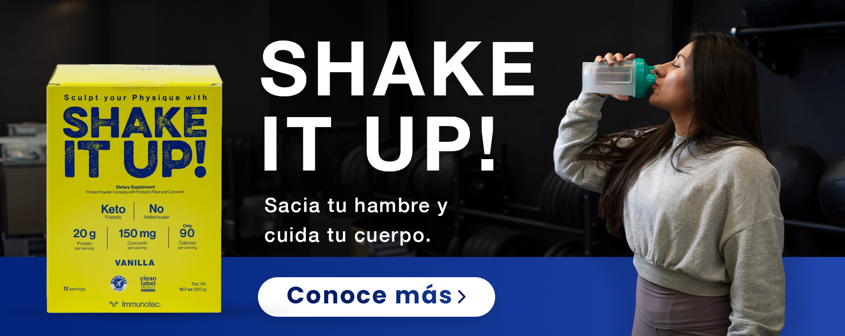 Woman drinking from a shake. Yellow box that says SHAKE IT UP!