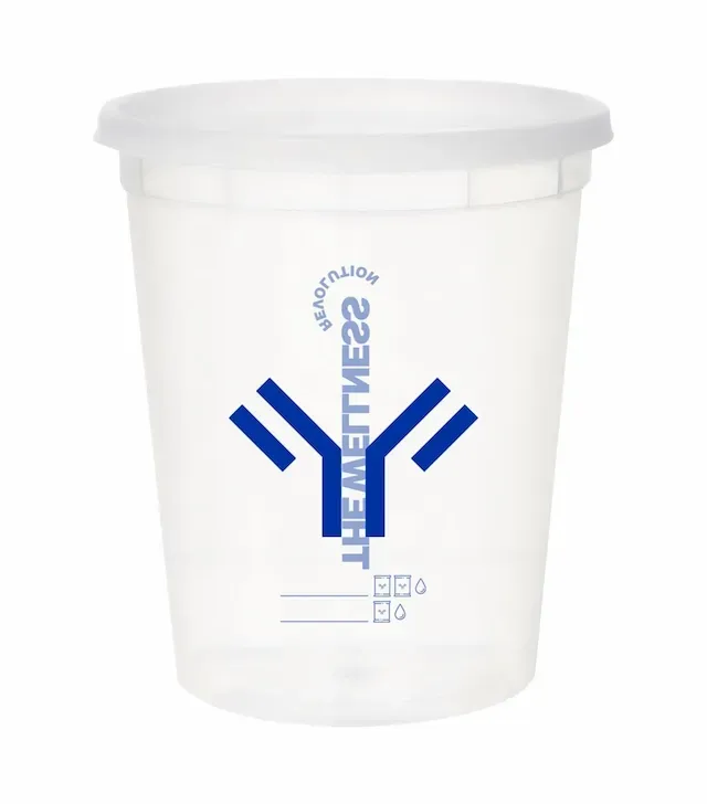 Recipiente para muestra de orina de plástico transparente con tapa y símbolo de anticuerpo azul.