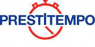 Un logo per un'azienda chiamata Prestitempo con un orologio al centro.