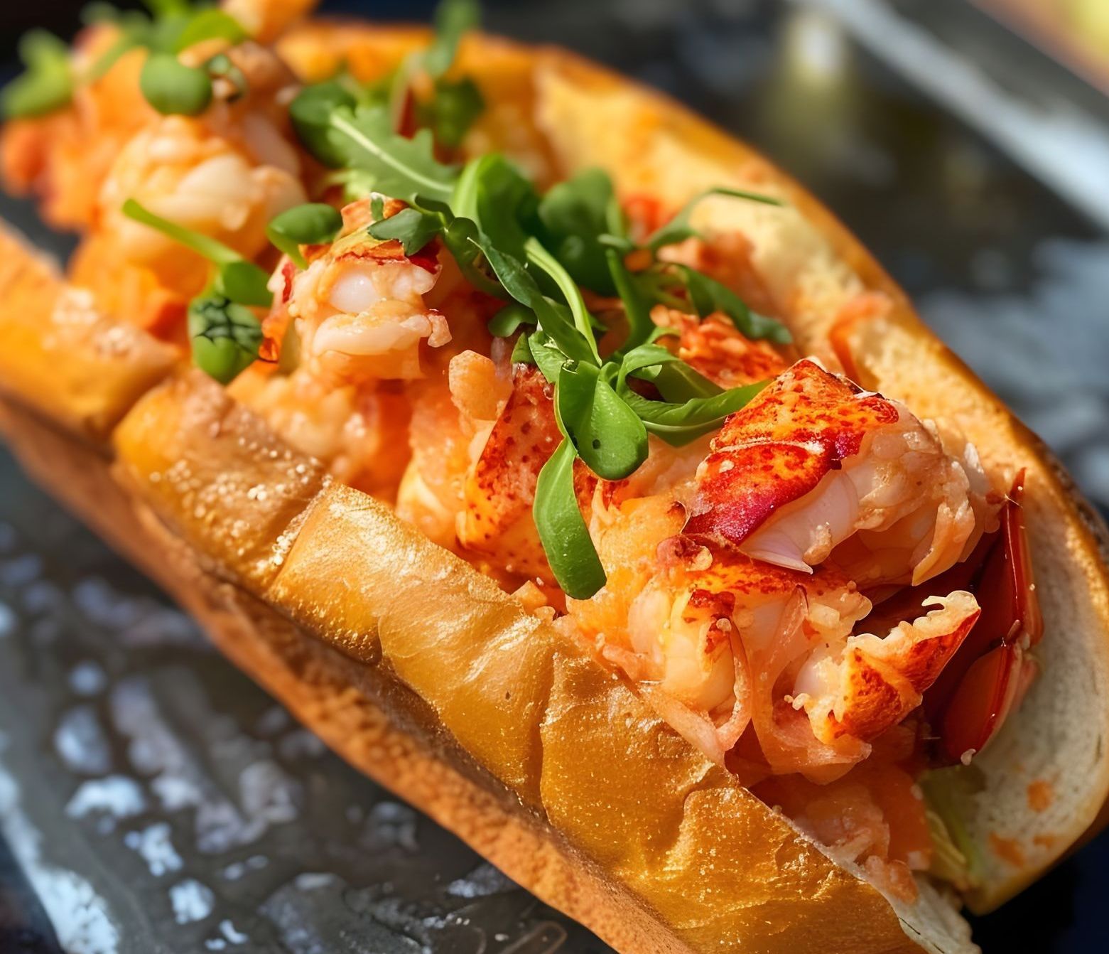 A close up of a lobster roll on a plate