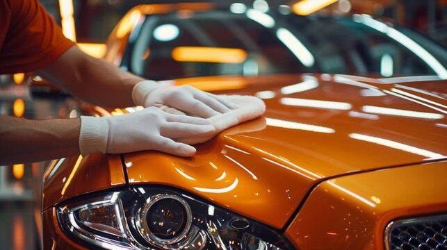 A man is polishing the hood of an orange car.