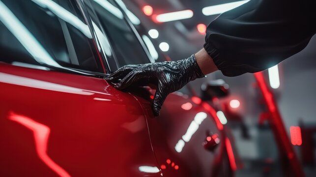 Red car with black tinted window with a person next to it with a black glove 