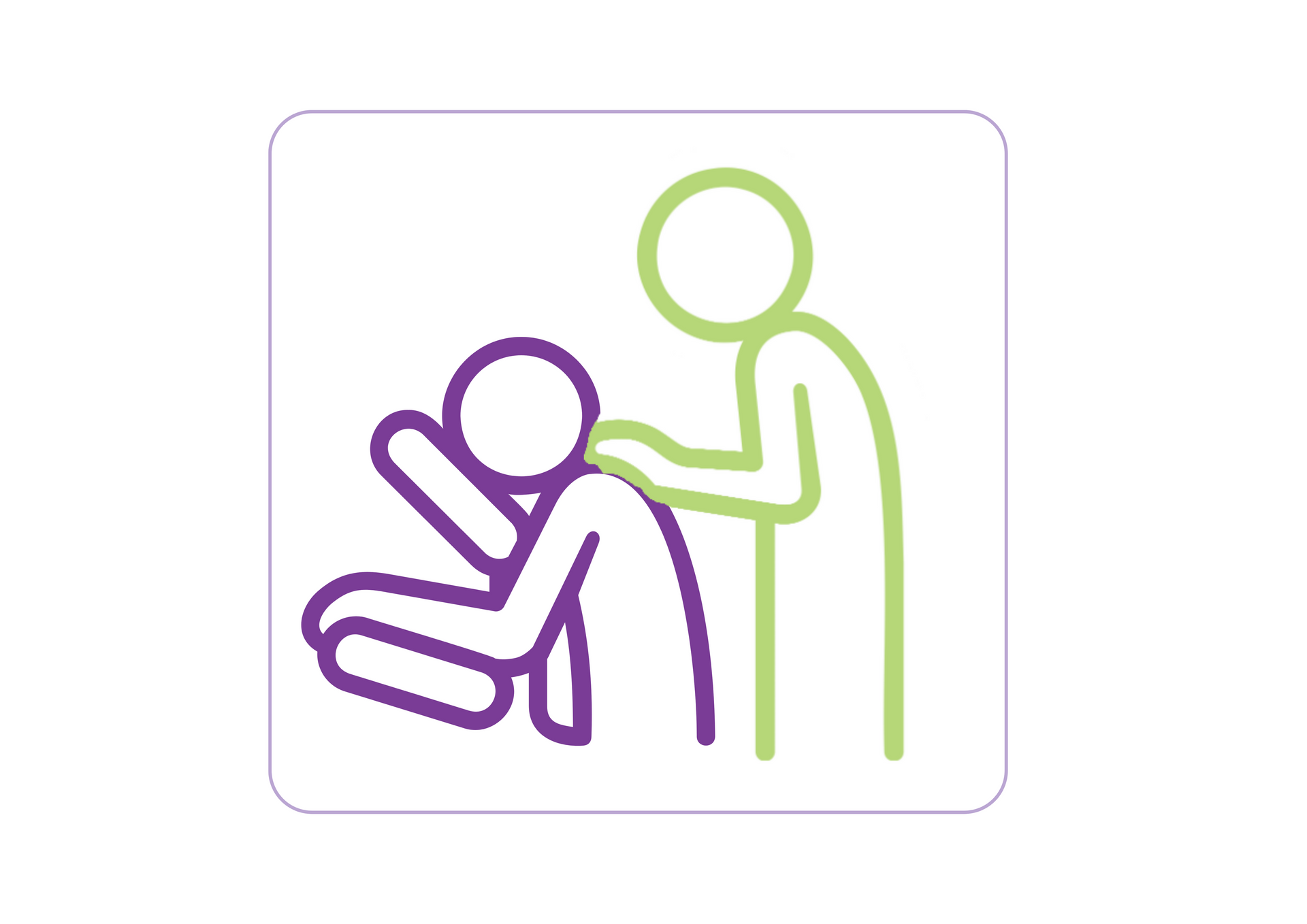 Une icône violette et verte représentant une personne réconfortant une autre personne.