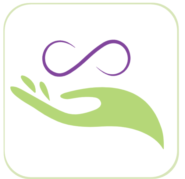 Une main verte tient un symbole d'infini violet.