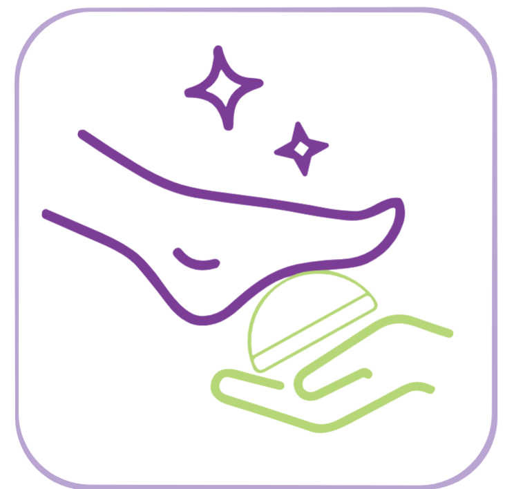 Une icône violette et verte représentant un pied tenu par une main.
