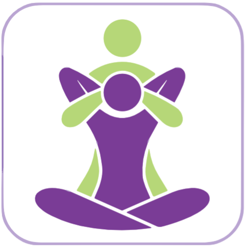 Une icône violette et verte représentant une personne assise en position du lotus.