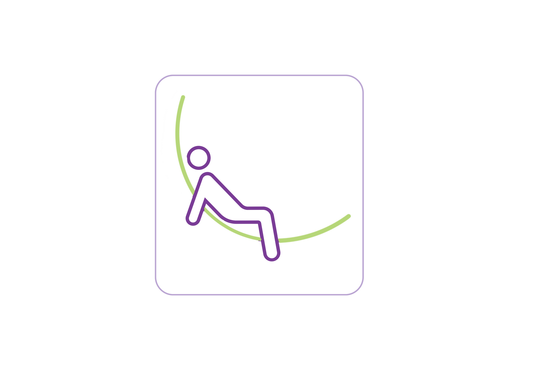 Une icône violette et verte représentant une personne assise sur une corde.