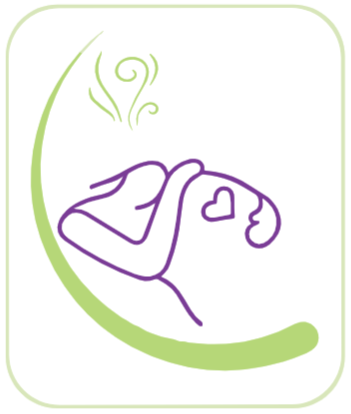 Un dessin violet et vert d'une personne avec des coeurs