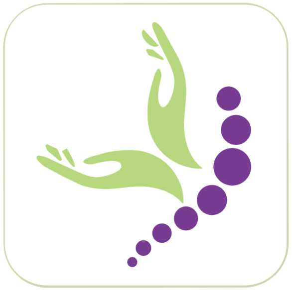 Un logo vert et violet avec des mains et des cercles violets