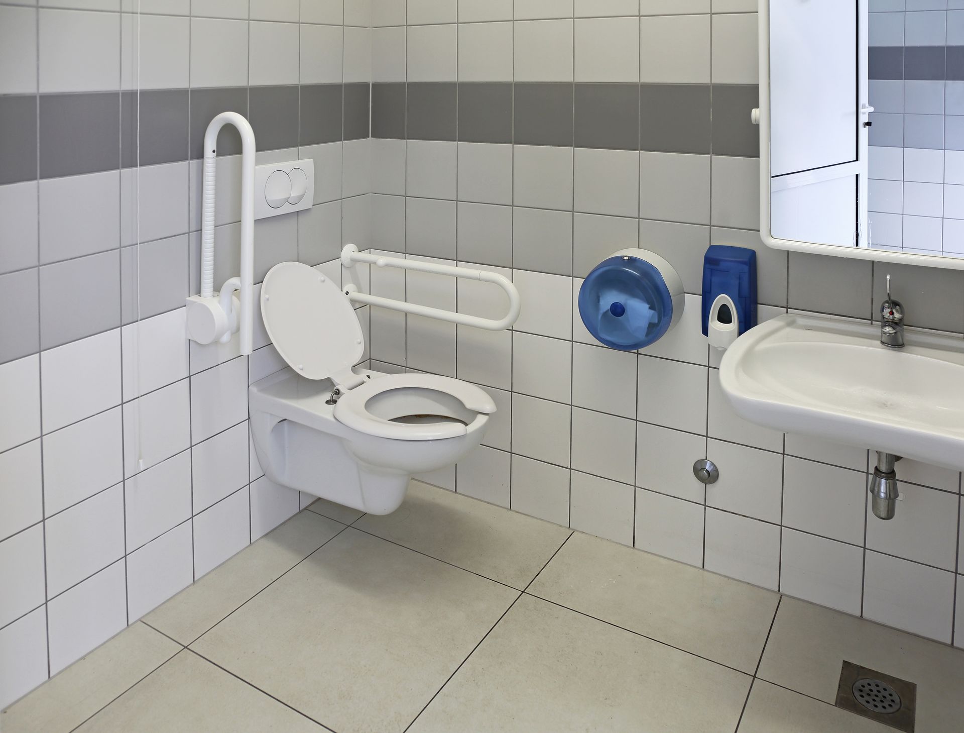 Accessible bathroom with a wall-mounted toilet, two grab bars, a blue toilet paper dispenser, soap dispenser, and sink.