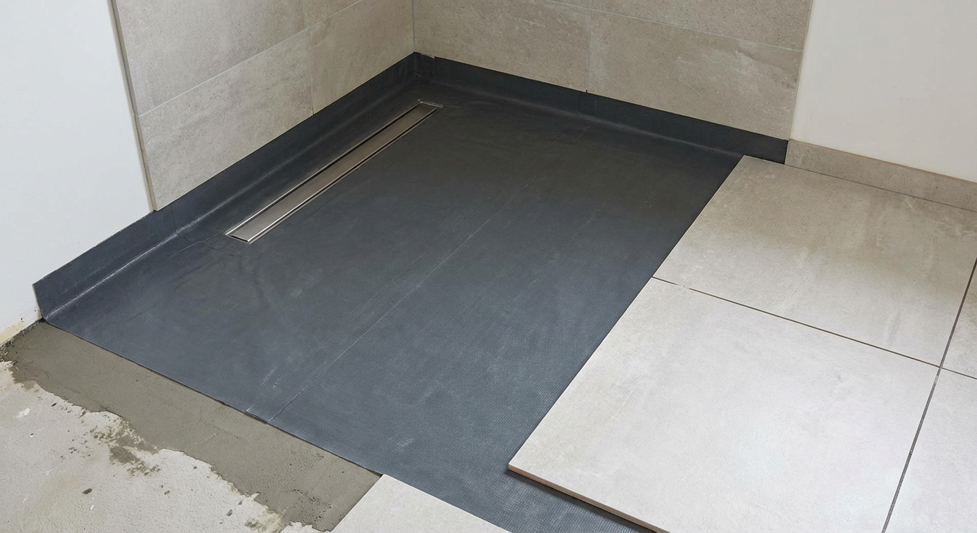 A bathtub set below a window in a bathroom undergoing renovation, with dark green waterproofing applied to the walls.