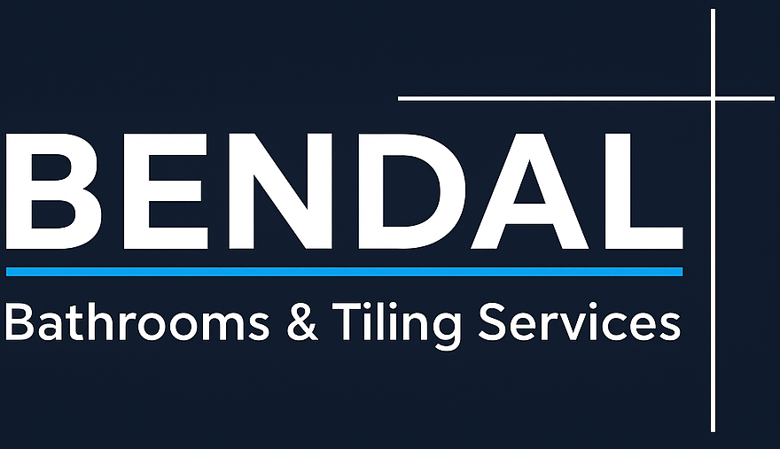 Logo for BENDAL Bathrooms & Tiling Services with white text and a blue horizontal line on a dark blue background.
