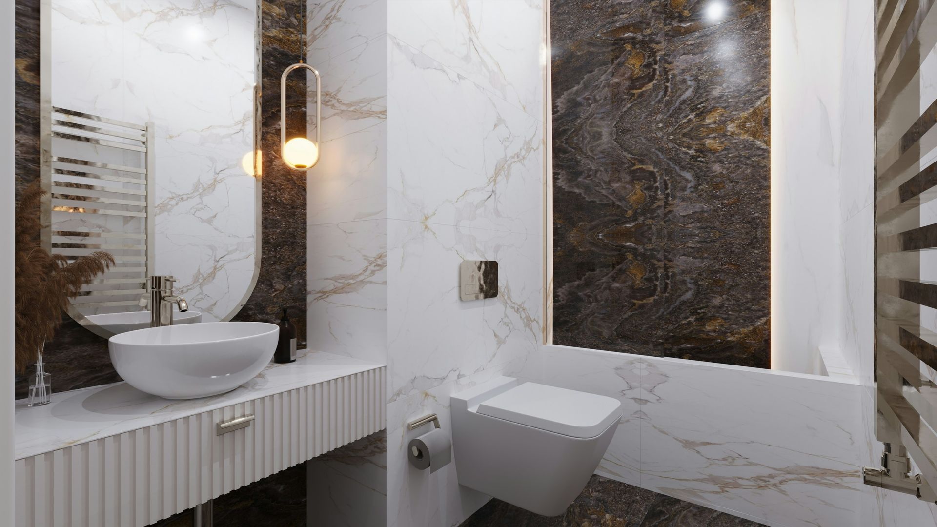 A modern bathroom with white marble walls, dark stone accents, a vessel sink on a slatted vanity, and a wall-hung toilet.
